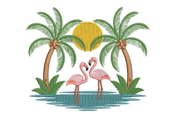 Flamingo Tropical Sunset Embroidery Design